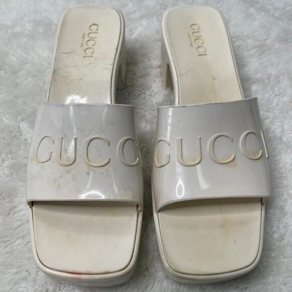 GUCCI Women's White Heeled Square Toe Slide Sandals Shoes Size 39 - Picture 1 of 16